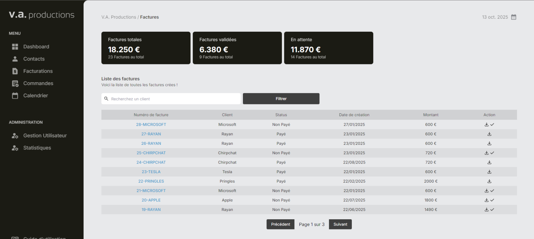 Gestion des factures dans le CRM V.A. productions
