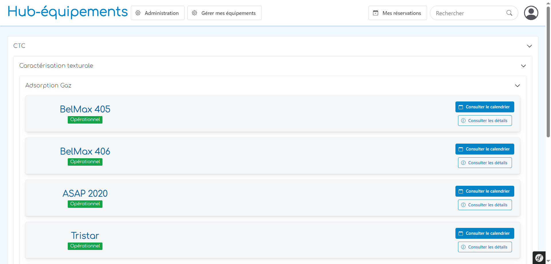 Page principale de Hub-Equipement