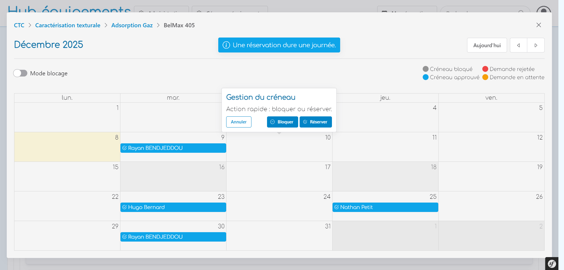 Actions possibles d'un super-utilisateur lors d'un clic sur un créneau