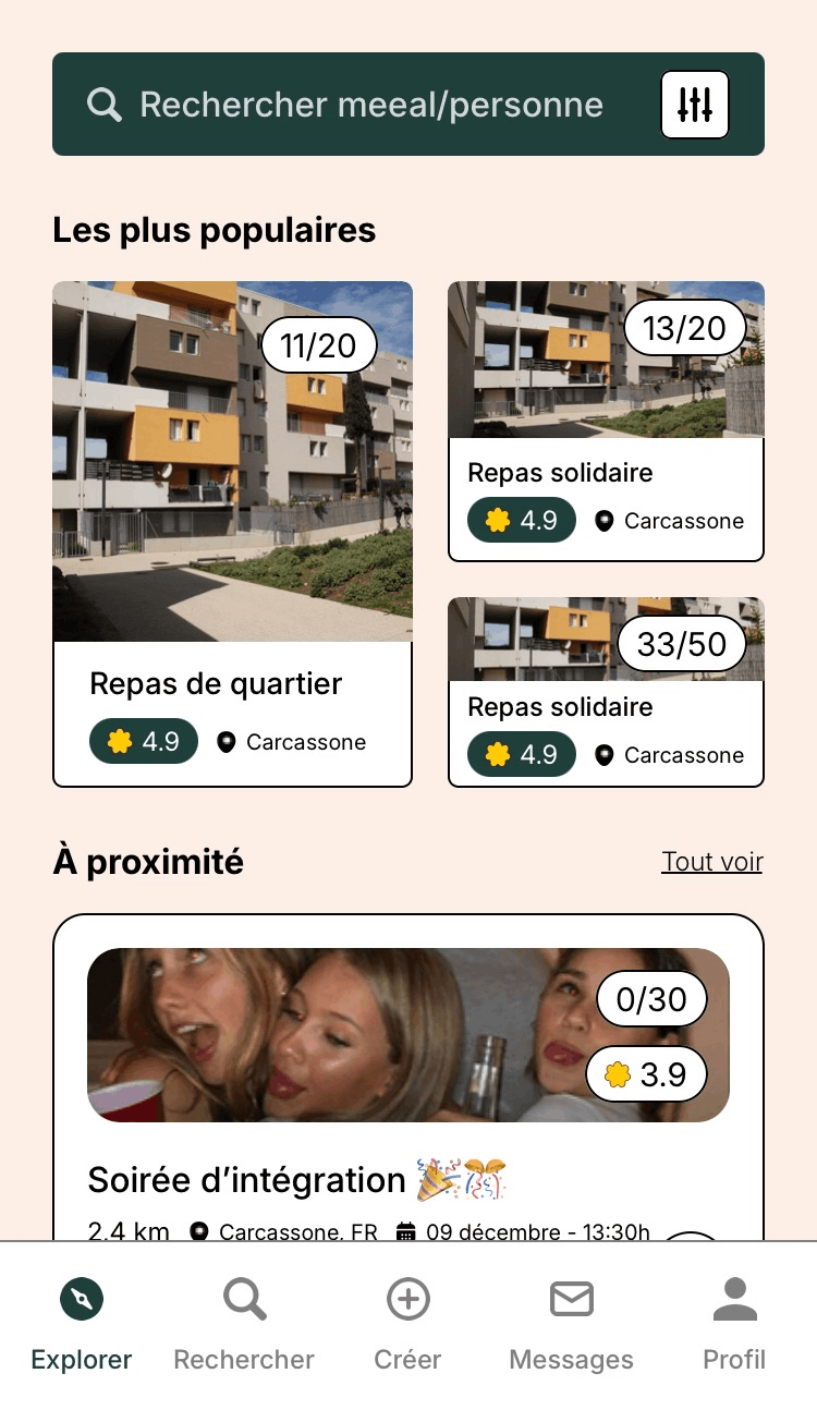 Écran d'accueil de l'application MEEAL